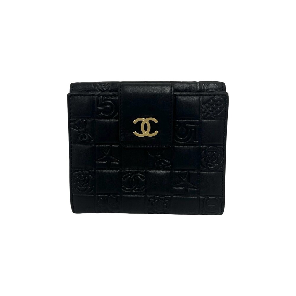 CHANEL Chanel Icon Coco Mark Lambskin Genuine Leather Bi-fold Wallet Mini Bla...
